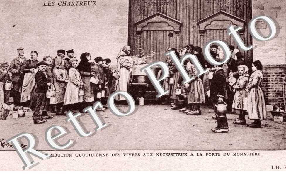 Les Chartreux - Distribution quotidienne des vivres aux necessiteux a la porte du monastere (litho P.Kauffmann)