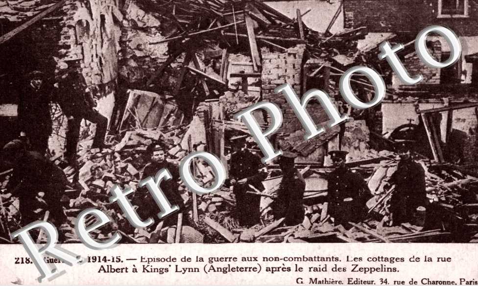 War of 1914-1915, les cottages de la rue Albert a Kings'Lynn apres le raid des Zeppelins