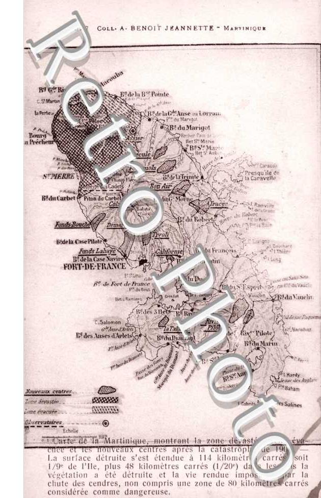 Carte de la Martinique montrant la zone devastee apres la catastrophe de 1902
