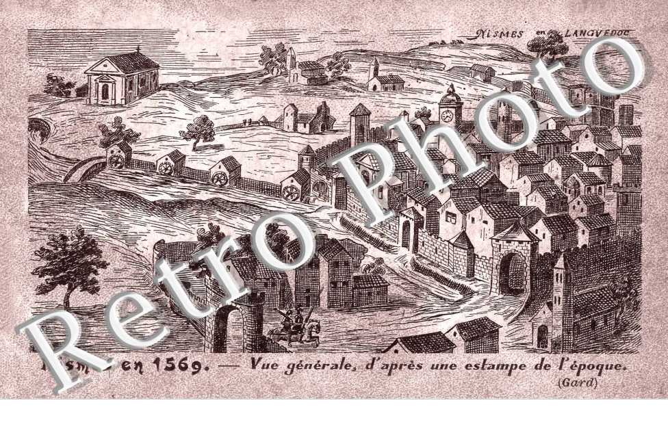 Nimes en 1569 - vue generale, d'apres une estampe de l'epoque