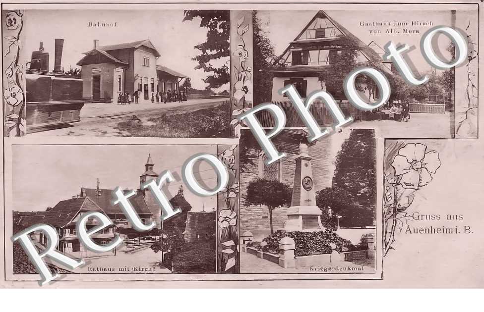 Bahnhof. Gasthaus zum Hirsch von Alb. Mers. Rathaus mit Kirche