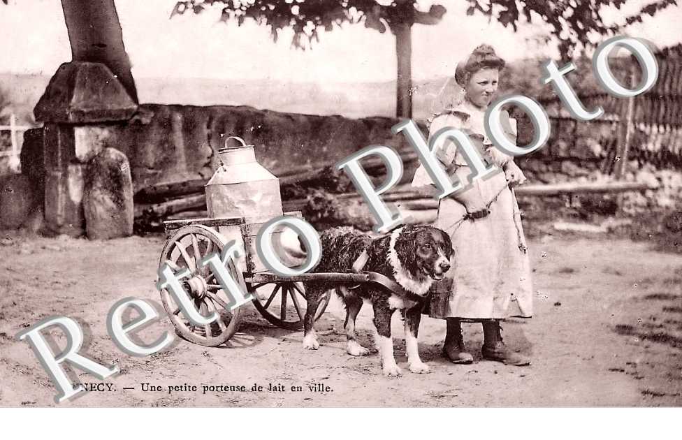 une petite porteuse de lait en ville avec son chien Bismarck