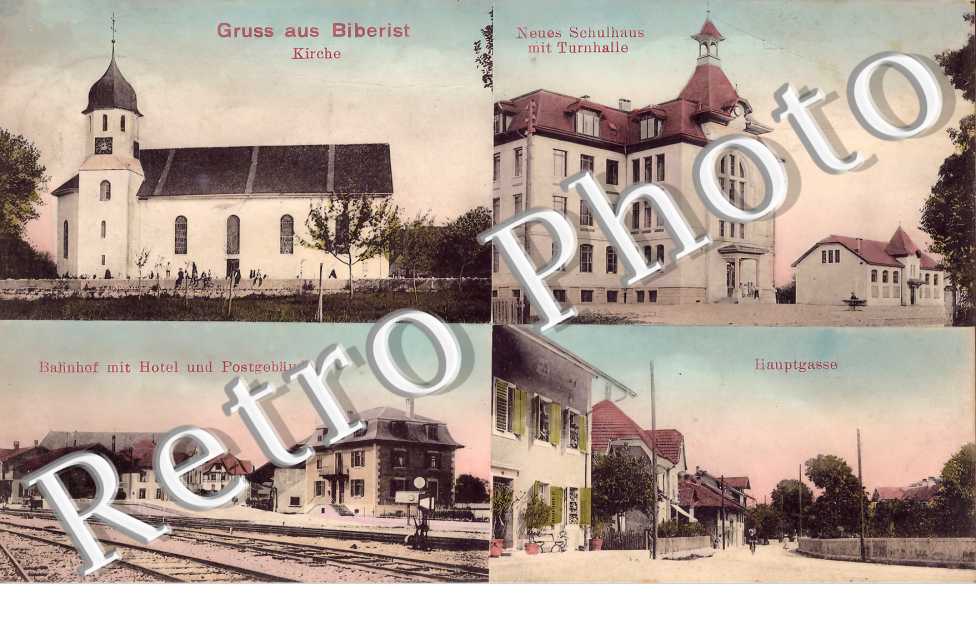 Neues Schulhaus mit Turnhalle. Bahnhof mit Hotel und Postgebäude